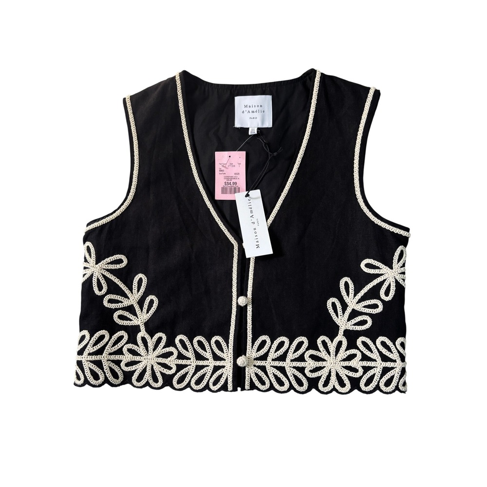 Maison d'Amelie Paris Black Linen Blend Floral Crochet Embroidered Vest Size 8